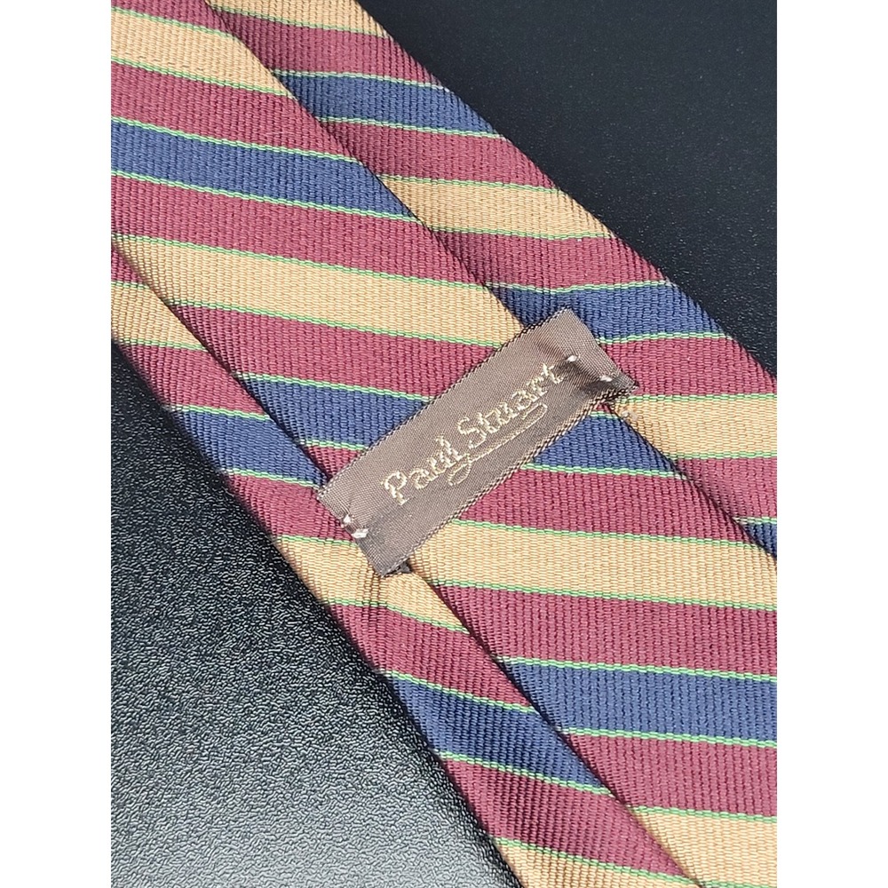 Paul Stuart Necktie Burgundy Blue Tan Green Striped Woven Silk Accessory